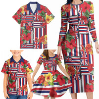 Hawaii Hibiscus Lei Family Matching Long Sleeve Bodycon Dress and Hawaiian Shirt Hawaiian Flag Motif LT9 - Polynesian Pride