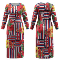 Hawaii Hibiscus Lei Family Matching Long Sleeve Bodycon Dress and Hawaiian Shirt Hawaiian Flag Motif LT9 Mom's Dress Red - Polynesian Pride
