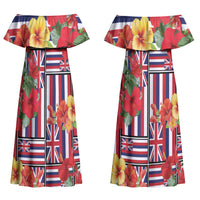 Hawaii Hibiscus Lei Family Matching Off Shoulder Maxi Dress and Hawaiian Shirt Hawaiian Flag Motif LT9 Mom's Dress Red - Polynesian Pride
