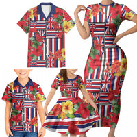 Hawaii Hibiscus Lei Family Matching Short Sleeve Bodycon Dress and Hawaiian Shirt Hawaiian Flag Motif LT9 - Polynesian Pride