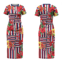 Hawaii Hibiscus Lei Family Matching Short Sleeve Bodycon Dress and Hawaiian Shirt Hawaiian Flag Motif LT9 Mom's Dress Red - Polynesian Pride