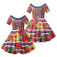 Hawaii Hibiscus Lei Family Matching Short Sleeve Bodycon Dress and Hawaiian Shirt Hawaiian Flag Motif LT9 Daughter's Dress Red - Polynesian Pride