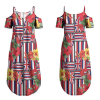 Hawaii Hibiscus Lei Family Matching Summer Maxi Dress and Hawaiian Shirt Hawaiian Flag Motif LT9 Mom's Dress Red - Polynesian Pride