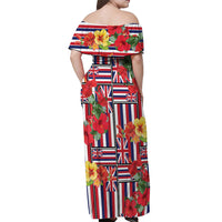 Hawaii Hibiscus Lei Off Shoulder Maxi Dress Hawaiian Flag Motif LT9 - Polynesian Pride