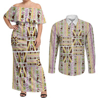 Hawaii Lokelani Pikake Lei Couples Matching Off Shoulder Maxi Dress and Long Sleeve Button Shirt Hawaiian Flag Motif LT9 White - Polynesian Pride
