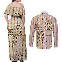 Hawaii Lokelani Pikake Lei Couples Matching Off Shoulder Maxi Dress and Long Sleeve Button Shirt Hawaiian Flag Motif