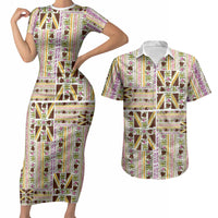 Hawaii Lokelani Pikake Lei Couples Matching Short Sleeve Bodycon Dress and Hawaiian Shirt Hawaiian Flag Motif LT9 White - Polynesian Pride