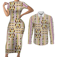 Hawaii Lokelani Pikake Lei Couples Matching Short Sleeve Bodycon Dress and Long Sleeve Button Shirt Hawaiian Flag Motif LT9 White - Polynesian Pride