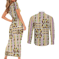 Hawaii Lokelani Pikake Lei Couples Matching Short Sleeve Bodycon Dress and Long Sleeve Button Shirt Hawaiian Flag Motif LT9 - Polynesian Pride