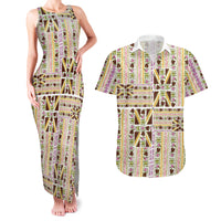 Hawaii Lokelani Pikake Lei Couples Matching Tank Maxi Dress and Hawaiian Shirt Hawaiian Flag Motif