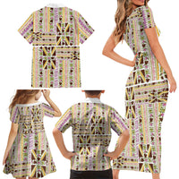 Hawaii Lokelani Pikake Lei Family Matching Short Sleeve Bodycon Dress and Hawaiian Shirt Hawaiian Flag Motif LT9 Mom's Dress White - Polynesian Pride
