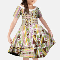 Hawaii Lokelani Pikake Lei Kid Short Sleeve Dress Hawaiian Flag Motif LT9 KID White - Polynesian Pride