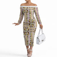 Hawaii Lokelani Pikake Lei Off The Shoulder Long Sleeve Dress Hawaiian Flag Motif LT9 Women White - Polynesian Pride