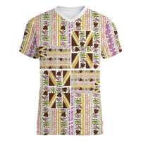 Hawaii Lokelani Pikake Lei Women V-Neck T-Shirt Hawaiian Flag Motif