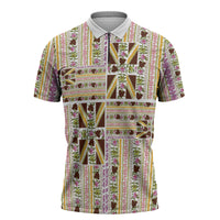Hawaii Lokelani Pikake Lei Zipper Polo Shirt Hawaiian Flag Motif LT9 White - Polynesian Pride
