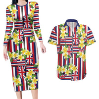 Hawaii Plumeria Lei Couples Matching Long Sleeve Bodycon Dress and Hawaiian Shirt Hawaiian Flag Motif