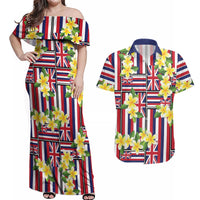 Hawaii Plumeria Lei Couples Matching Off Shoulder Maxi Dress and Hawaiian Shirt Hawaiian Flag Motif