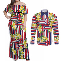 Hawaii Plumeria Lei Couples Matching Off Shoulder Maxi Dress and Long Sleeve Button Shirt Hawaiian Flag Motif