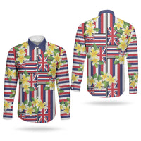 Hawaii Plumeria Lei Couples Matching Off Shoulder Maxi Dress and Long Sleeve Button Shirt Hawaiian Flag Motif LT9 - Polynesian Pride