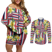 Hawaii Plumeria Lei Couples Matching Off Shoulder Short Dress and Long Sleeve Button Shirt Hawaiian Flag Motif LT9 Red - Polynesian Pride
