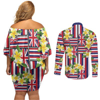 Hawaii Plumeria Lei Couples Matching Off Shoulder Short Dress and Long Sleeve Button Shirt Hawaiian Flag Motif