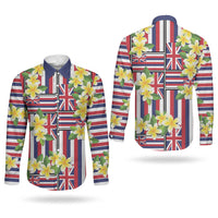 Hawaii Plumeria Lei Couples Matching Off Shoulder Short Dress and Long Sleeve Button Shirt Hawaiian Flag Motif LT9 - Polynesian Pride