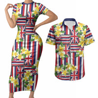 Hawaii Plumeria Lei Couples Matching Short Sleeve Bodycon Dress and Hawaiian Shirt Hawaiian Flag Motif LT9 Red - Polynesian Pride