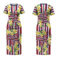 Hawaii Plumeria Lei Couples Matching Short Sleeve Bodycon Dress and Hawaiian Shirt Hawaiian Flag Motif LT9 - Polynesian Pride