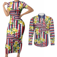 Hawaii Plumeria Lei Couples Matching Short Sleeve Bodycon Dress and Long Sleeve Button Shirt Hawaiian Flag Motif LT9 Red - Polynesian Pride
