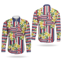 Hawaii Plumeria Lei Couples Matching Short Sleeve Bodycon Dress and Long Sleeve Button Shirt Hawaiian Flag Motif LT9 - Polynesian Pride
