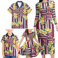 Hawaii Plumeria Lei Family Matching Long Sleeve Bodycon Dress and Hawaiian Shirt Hawaiian Flag Motif LT9 - Polynesian Pride