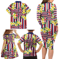 Hawaii Plumeria Lei Family Matching Long Sleeve Bodycon Dress and Hawaiian Shirt Hawaiian Flag Motif LT9 Mom's Dress Red - Polynesian Pride