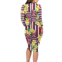 Hawaii Plumeria Lei Family Matching Long Sleeve Bodycon Dress and Hawaiian Shirt Hawaiian Flag Motif