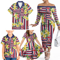 Hawaii Plumeria Lei Family Matching Off The Shoulder Long Sleeve Dress and Hawaiian Shirt Hawaiian Flag Motif LT9 - Polynesian Pride