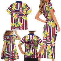 Hawaii Plumeria Lei Family Matching Short Sleeve Bodycon Dress and Hawaiian Shirt Hawaiian Flag Motif LT9 Mom's Dress Red - Polynesian Pride