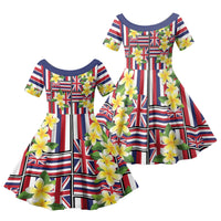 Hawaii Plumeria Lei Family Matching Short Sleeve Bodycon Dress and Hawaiian Shirt Hawaiian Flag Motif LT9 Daughter's Dress Red - Polynesian Pride