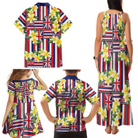 Hawaii Plumeria Lei Family Matching Tank Maxi Dress and Hawaiian Shirt Hawaiian Flag Motif LT9 Mom's Dress Red - Polynesian Pride