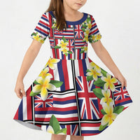 Hawaii Plumeria Lei Kid Short Sleeve Dress Hawaiian Flag Motif LT9 KID Red - Polynesian Pride