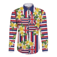 Hawaii Plumeria Lei Long Sleeve Button Shirt Hawaiian Flag Motif