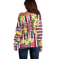Hawaii Plumeria Lei Off Shoulder Sweater Hawaiian Flag Motif
