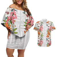 Hawaii Tropical Twist Lei Couples Matching Off Shoulder Short Dress and Hawaiian Shirt Hawaiian Flag Motif