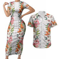 Hawaii Tropical Twist Lei Couples Matching Short Sleeve Bodycon Dress and Hawaiian Shirt Hawaiian Flag Motif LT9 White - Polynesian Pride