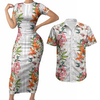 Hawaii Tropical Twist Lei Couples Matching Short Sleeve Bodycon Dress and Hawaiian Shirt Hawaiian Flag Motif LT9 White - Polynesian Pride