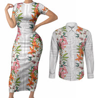 Hawaii Tropical Twist Lei Couples Matching Short Sleeve Bodycon Dress and Long Sleeve Button Shirt Hawaiian Flag Motif LT9 White - Polynesian Pride