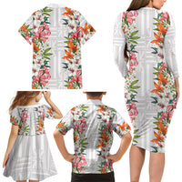Hawaii Tropical Twist Lei Family Matching Long Sleeve Bodycon Dress and Hawaiian Shirt Hawaiian Flag Motif LT9 Mom's Dress White - Polynesian Pride