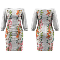 Hawaii Tropical Twist Lei Family Matching Off The Shoulder Long Sleeve Dress and Hawaiian Shirt Hawaiian Flag Motif LT9 Mom's Dress White - Polynesian Pride