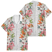 Hawaii Tropical Twist Lei Family Matching Off Shoulder Short Dress and Hawaiian Shirt Hawaiian Flag Motif LT9 Dad's Shirt - Short Sleeve White - Polynesian Pride