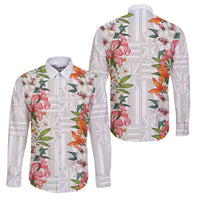 Hawaii Tropical Twist Lei Family Matching Puletasi and Hawaiian Shirt Hawaiian Flag Motif LT9 Dad's Shirt - Long Sleeve White - Polynesian Pride