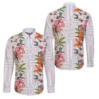 Hawaii Tropical Twist Lei Family Matching Puletasi and Hawaiian Shirt Hawaiian Flag Motif LT9 Dad's Shirt - Long Sleeve White - Polynesian Pride
