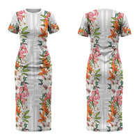 Hawaii Tropical Twist Lei Family Matching Short Sleeve Bodycon Dress and Hawaiian Shirt Hawaiian Flag Motif LT9 Mom's Dress White - Polynesian Pride